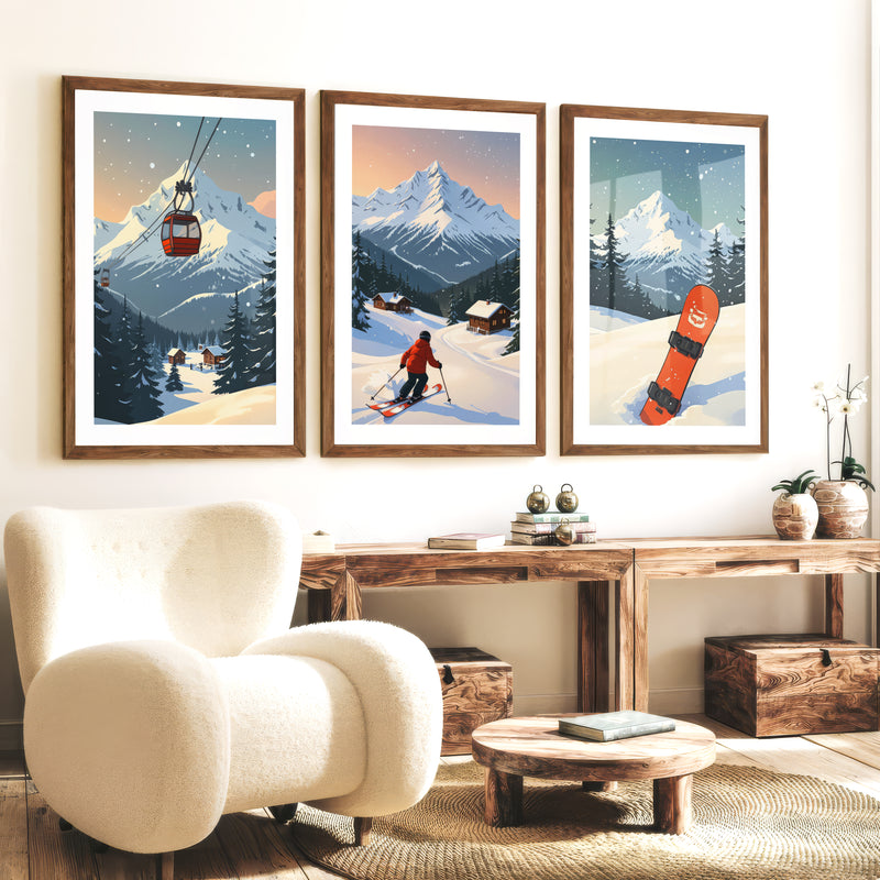 Vintage Ski Poster Set of 3. Snowboard, Skier & Ski Lift Wall Art - Dark Brown Framed Poster with White Border - Artworksets