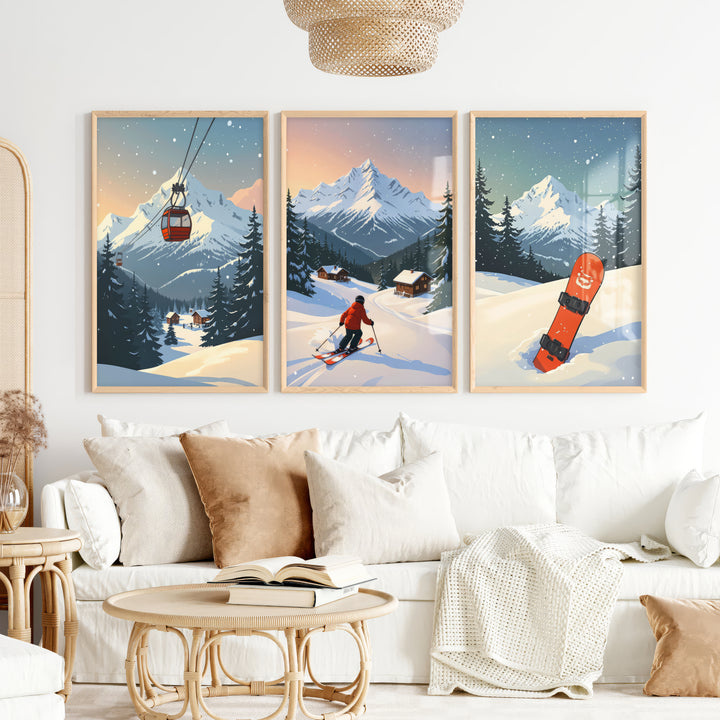 Vintage Ski Poster Set of 3. Snowboard, Skier & Ski Lift Wall Art - Natural Wood Framed Poster No Border - Artworksets