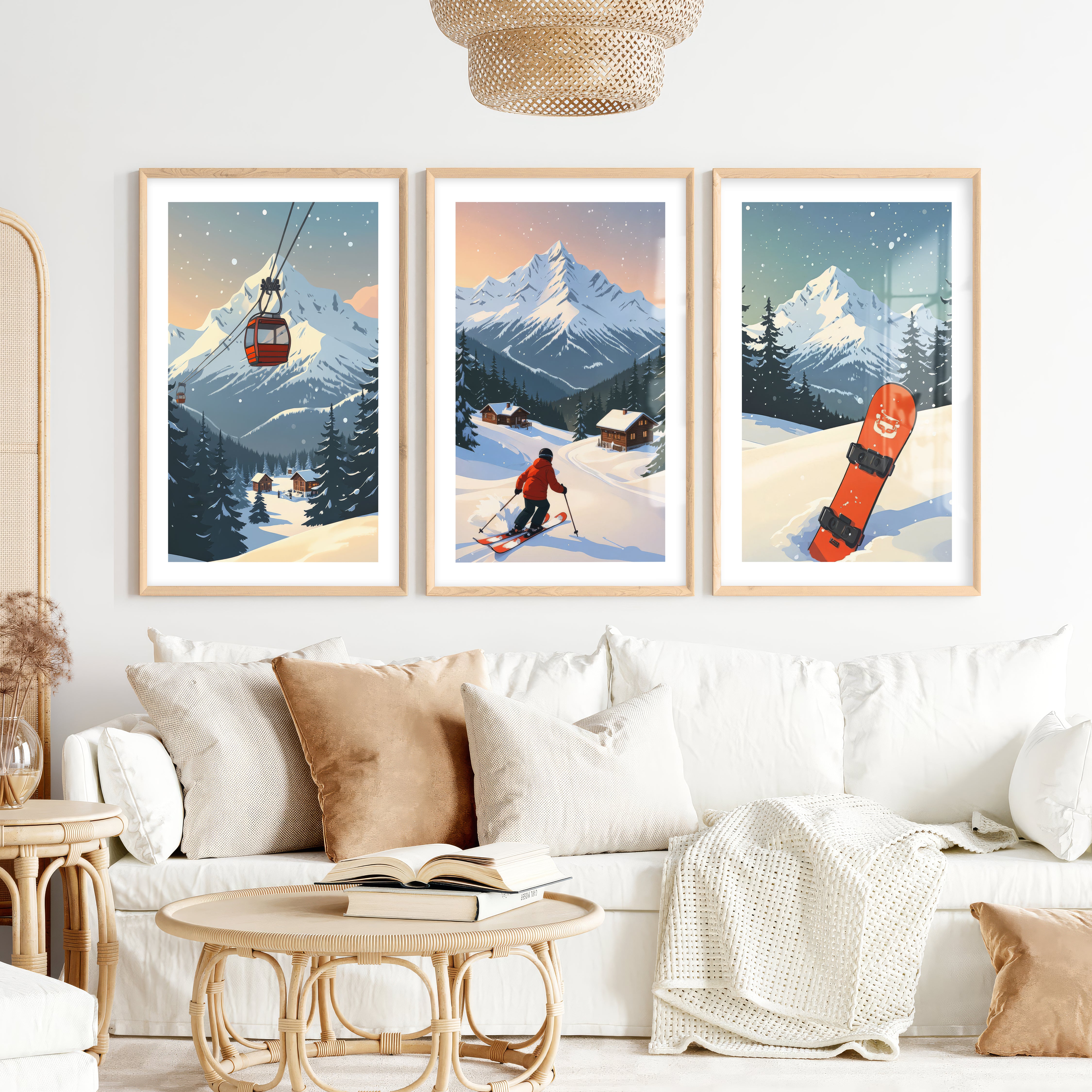 Vintage Ski Poster Set of 3. Snowboard, Skier & Ski Lift Wall Art- Natural Wood Framed Poster with White Border - Artworksets
