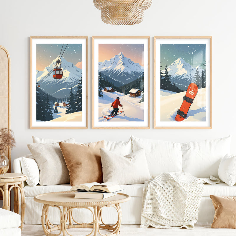 Vintage Ski Poster Set of 3. Snowboard, Skier & Ski Lift Wall Art- Natural Wood Framed Poster with White Border - Artworksets