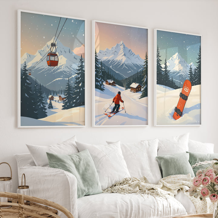 Vintage Ski Poster Set of 3. Snowboard, Skier & Ski Lift Wall Art - White Framed Poster No Border - Artworksets