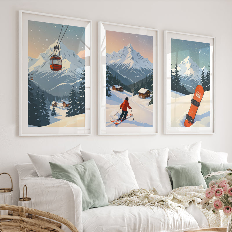 Vintage Ski Poster Set of 3. Snowboard, Skier & Ski Lift Wall Art - White Framed Poster with White Border - Artworksets