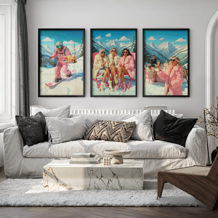 Vintage Ski Prints Pink Apres Ski Wall Art Set of 3 - Black Framed Poster No Border - Artworksets