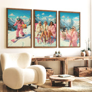 Vintage Ski Prints Pink Apres Ski Wall Art Set of 3 - Dark Brown Framed Poster No Border - Artworksets