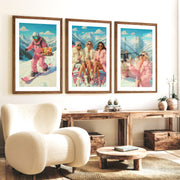 Vintage Ski Prints Pink Apres Ski Wall Art Set of 3 - Dark Brown Framed Poster with White Border - Artworksets