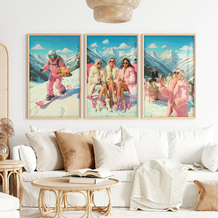 Vintage Ski Prints Pink Apres Ski Wall Art Set of 3 - Natural Wood Framed Poster No Border - Artworksets