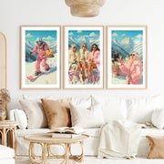 Vintage Ski Prints Pink Apres Ski Wall Art Set of 3- Natural Wood Framed Poster with White Border - Artworksets