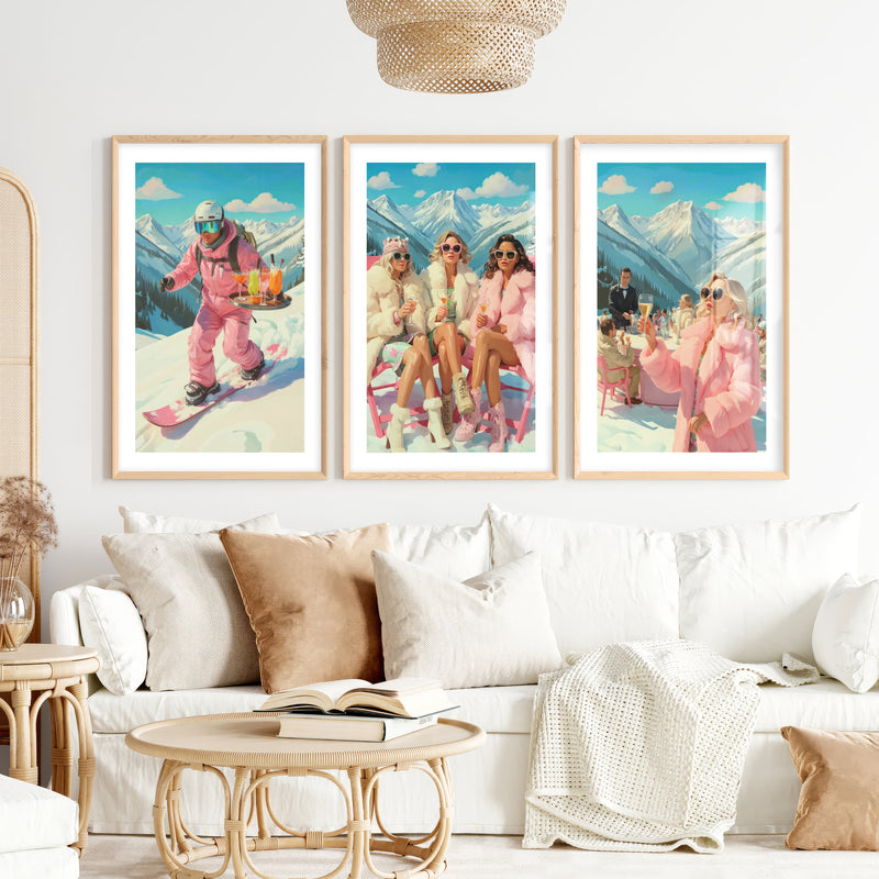 Vintage Ski Prints Pink Apres Ski Wall Art Set of 3- Natural Wood Framed Poster with White Border - Artworksets