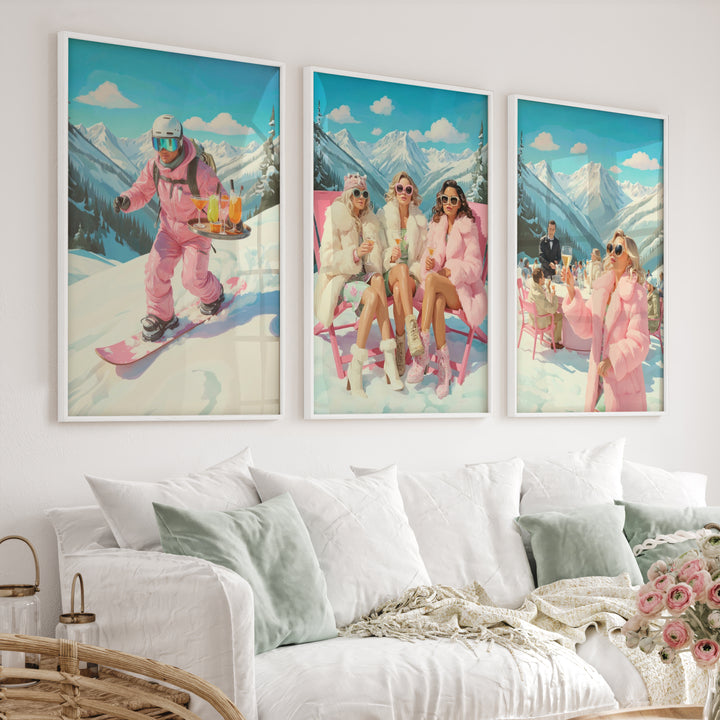 Vintage Ski Prints Pink Apres Ski Wall Art Set of 3 - White Framed Poster No Border - Artworksets