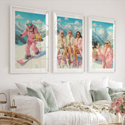 Vintage Ski Prints Pink Apres Ski Wall Art Set of 3 - White Framed Poster with White Border - Artworksets