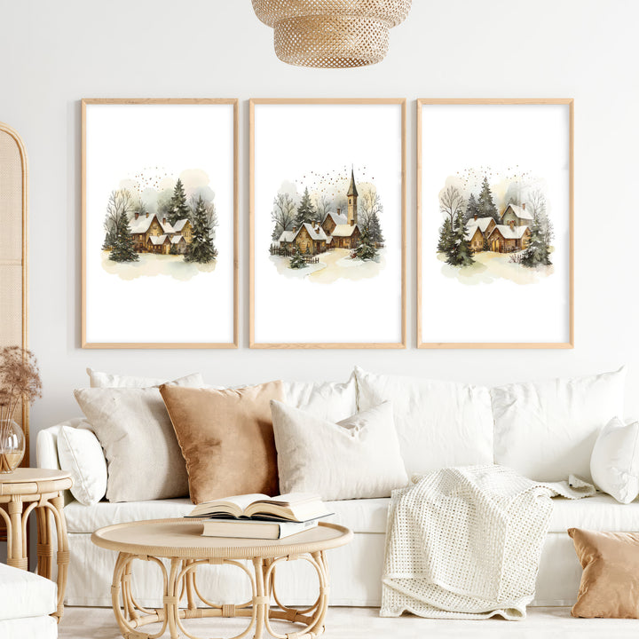 Vintage Snowy Christmas Set of 3 Wall Decor Prints - Natural Wood Framed Poster No Border - Artworksets