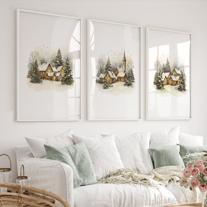 Vintage Snowy Christmas Set of 3 Wall Decor Prints - White Framed Poster No Border - Artworksets