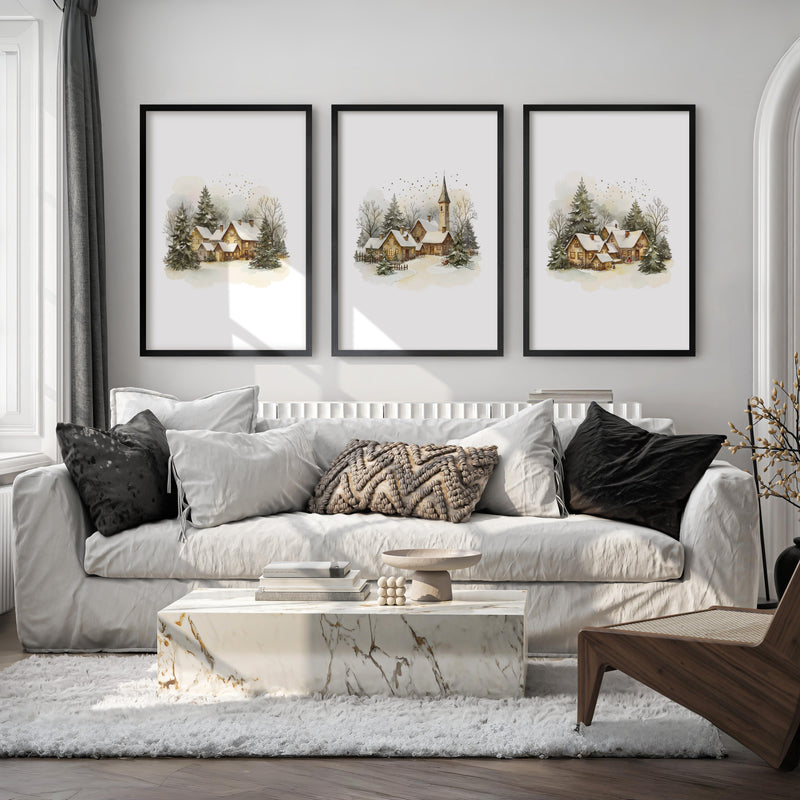 Vintage Snowy Christmas Set of 3 Wall Decor Prints - Black Framed Poster No Border - Artworksets