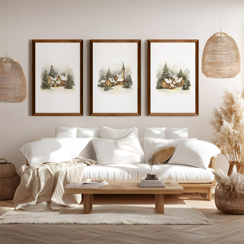 Vintage Snowy Christmas Set of 3 Wall Decor Prints - Dark Brown Framed Poster No Border - Artworksets