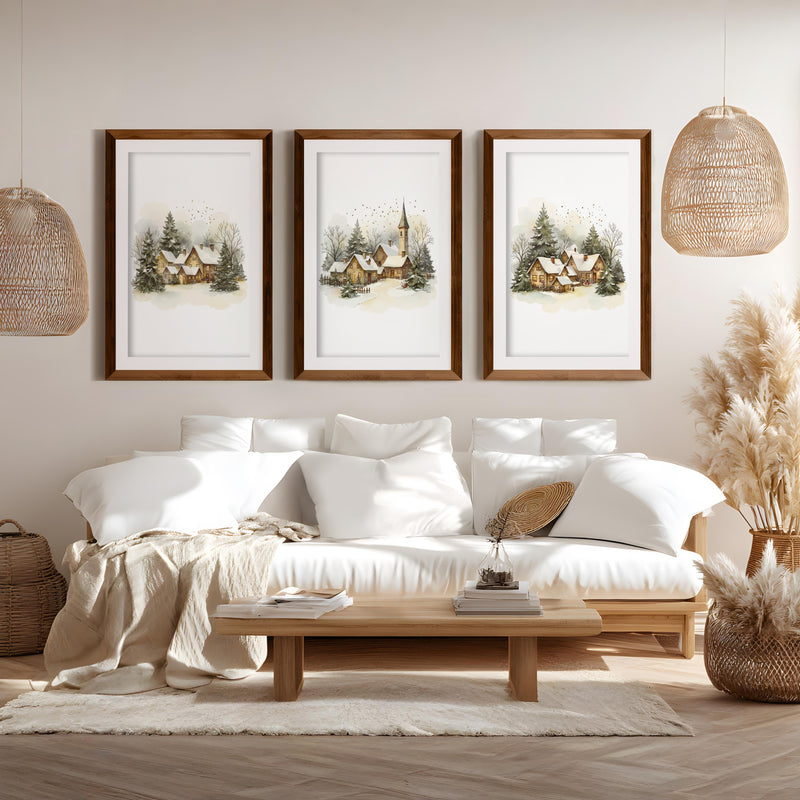 Vintage Snowy Christmas Set of 3 Wall Decor Prints - Dark Brown Framed Poster with White Border - Artworksets
