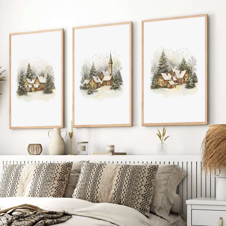 Vintage Snowy Christmas Set of 3 Wall Decor Prints - Natural Wood Framed Poster No Border - Artworksets