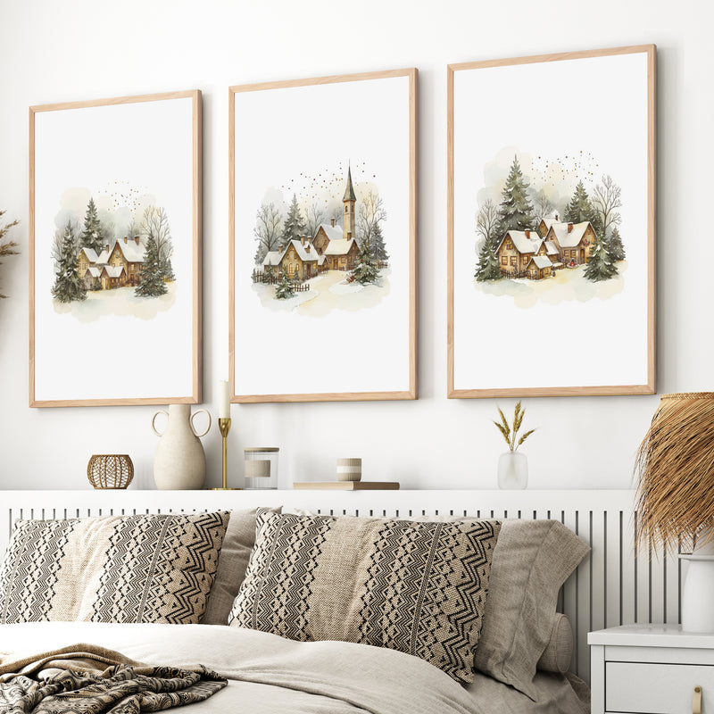 Vintage Snowy Christmas Set of 3 Wall Decor Prints - Natural Wood Framed Poster No Border - Artworksets