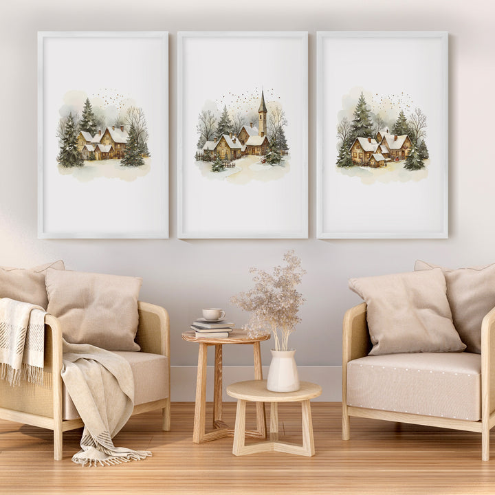 Vintage Snowy Christmas Set of 3 Wall Decor Prints - White Framed Poster No Border - Artworksets
