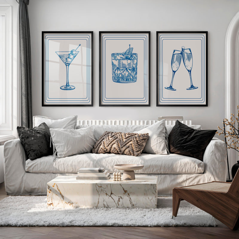 Cocktail Glass vintage style artwork in Blue Linework - Black Framed Poster No Border - Artworksets