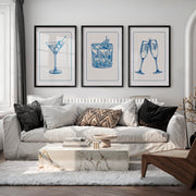 Cocktail Glass vintage style artwork in Blue Linework - Black Framed Poster with White Border - Artworksets