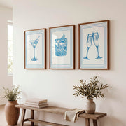 Cocktail Glass vintage style artwork in Blue Linework - Dark Brown Framed Poster No Border - Artworksets