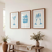 Cocktail Glass vintage style artwork in Blue Linework - Dark Brown Framed Poster with White Border - Artworksets