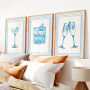 Cocktail Glass vintage style artwork in Blue Linework - Natural Wood Framed Poster No Border - Artworksets