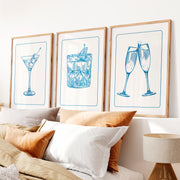 Cocktail Glass vintage style artwork in Blue Linework- Natural Wood Framed Poster with White Border - Artworksets