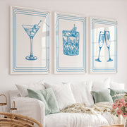 Cocktail Glass vintage style artwork in Blue Linework - White Framed Poster No Border - Artworksets