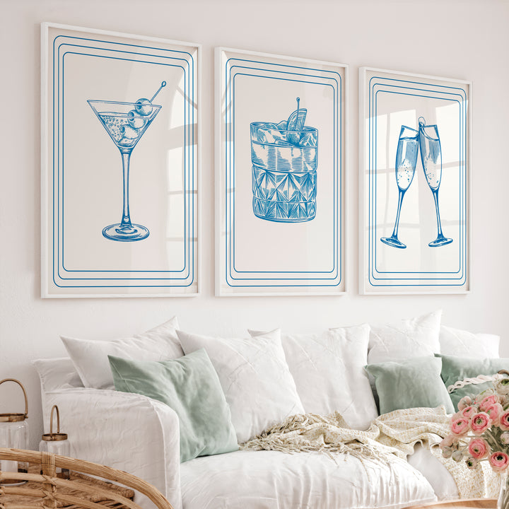 Cocktail Glass vintage style artwork in Blue Linework - White Framed Poster No Border - Artworksets