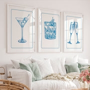 Cocktail Glass vintage style artwork in Blue Linework - White Framed Poster with White Border - Artworksets
