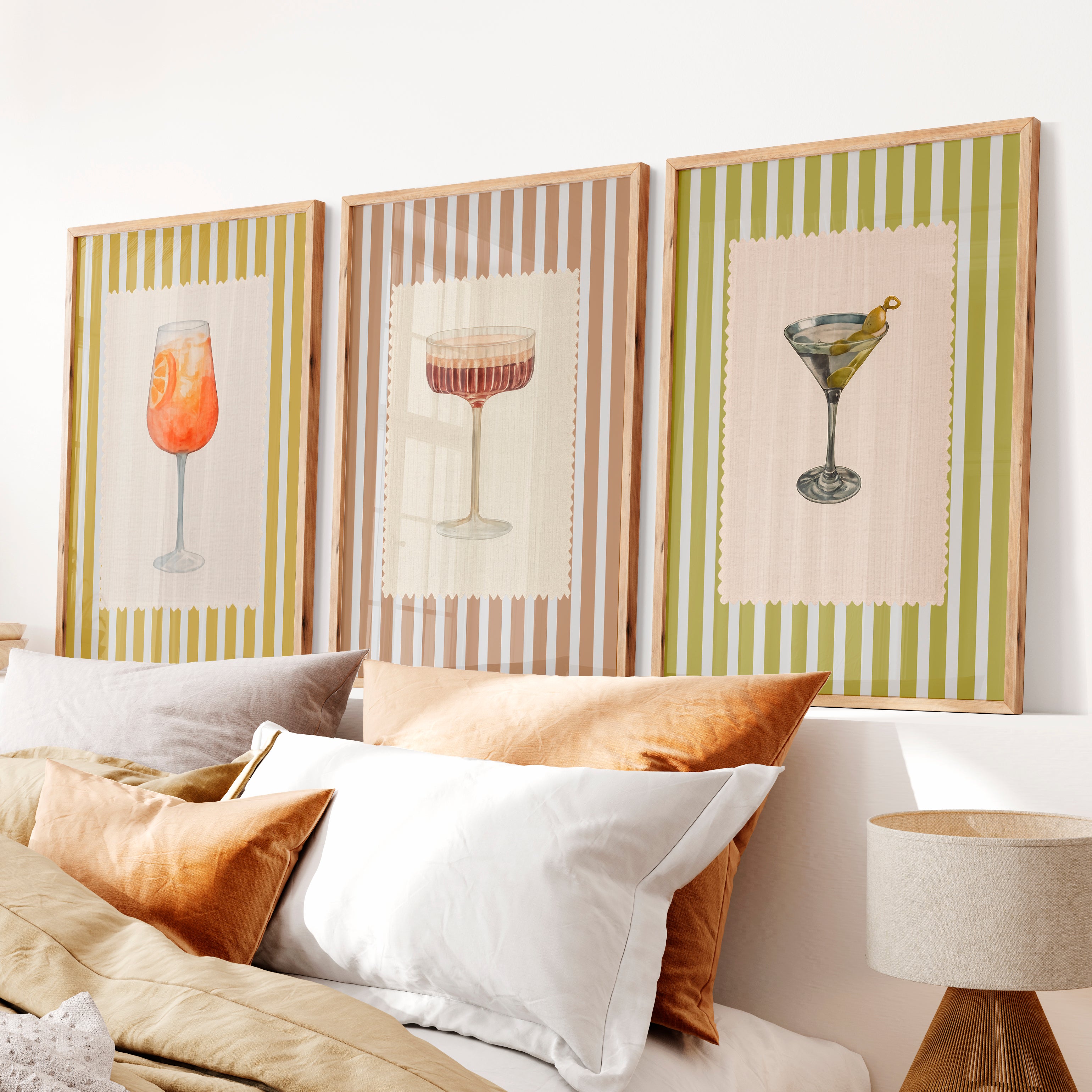Vintage Style Interior Cocktail Print Set with Martini and Spritz - Natural Wood Framed Poster No Border - Artworksets