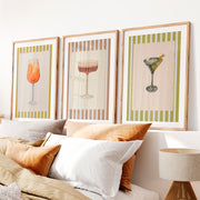 Vintage Style Interior Cocktail Print Set with Martini and Spritz- Natural Wood Framed Poster with White Border - Artworksets