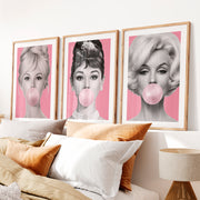 Pink Portrait vintage style prints Set- Natural Wood Framed Poster with White Border - Artworksets