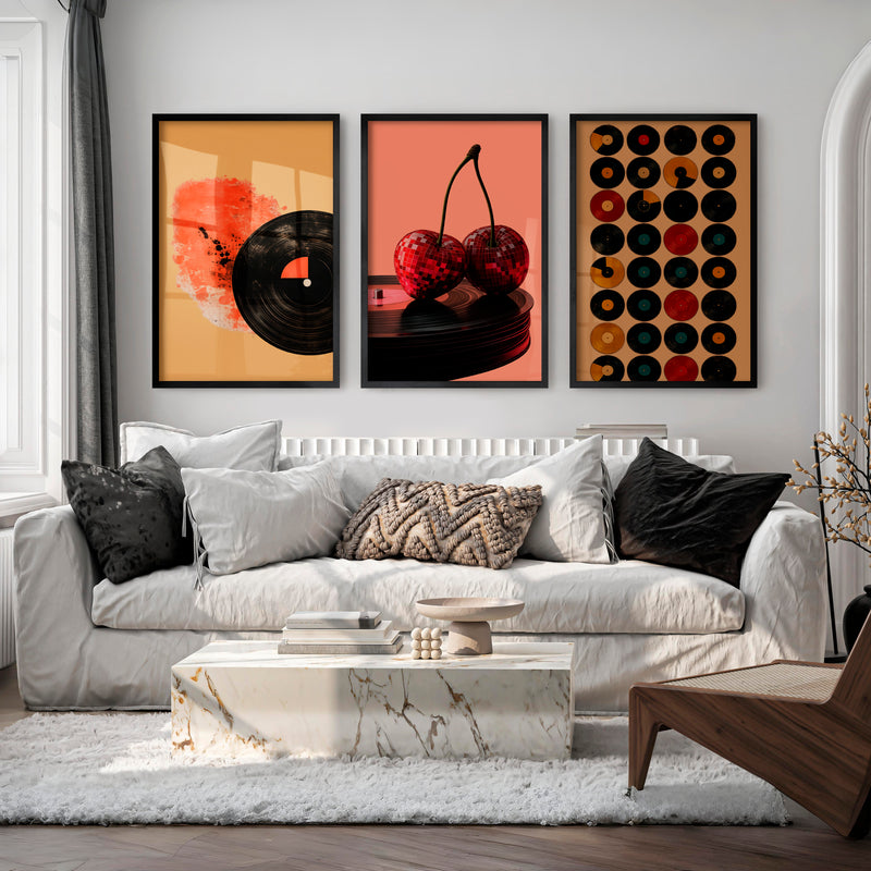 Disco Cherries and Records vintage style wall art - Black Framed Poster No Border - Artworksets