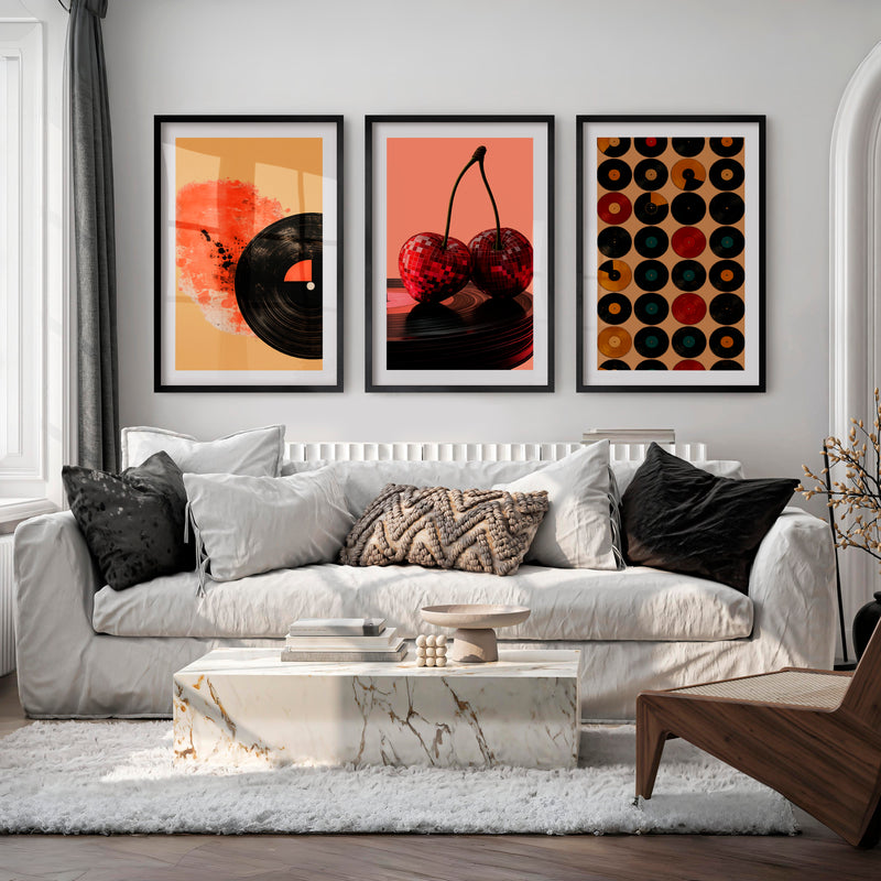 Disco Cherries and Records vintage style wall art - Black Framed Poster with White Border - Artworksets