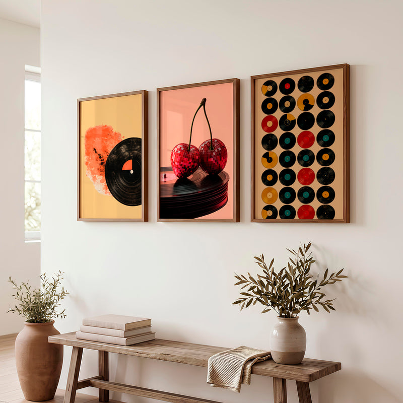 Disco Cherries and Records vintage style wall art - Dark Brown Framed Poster No Border - Artworksets