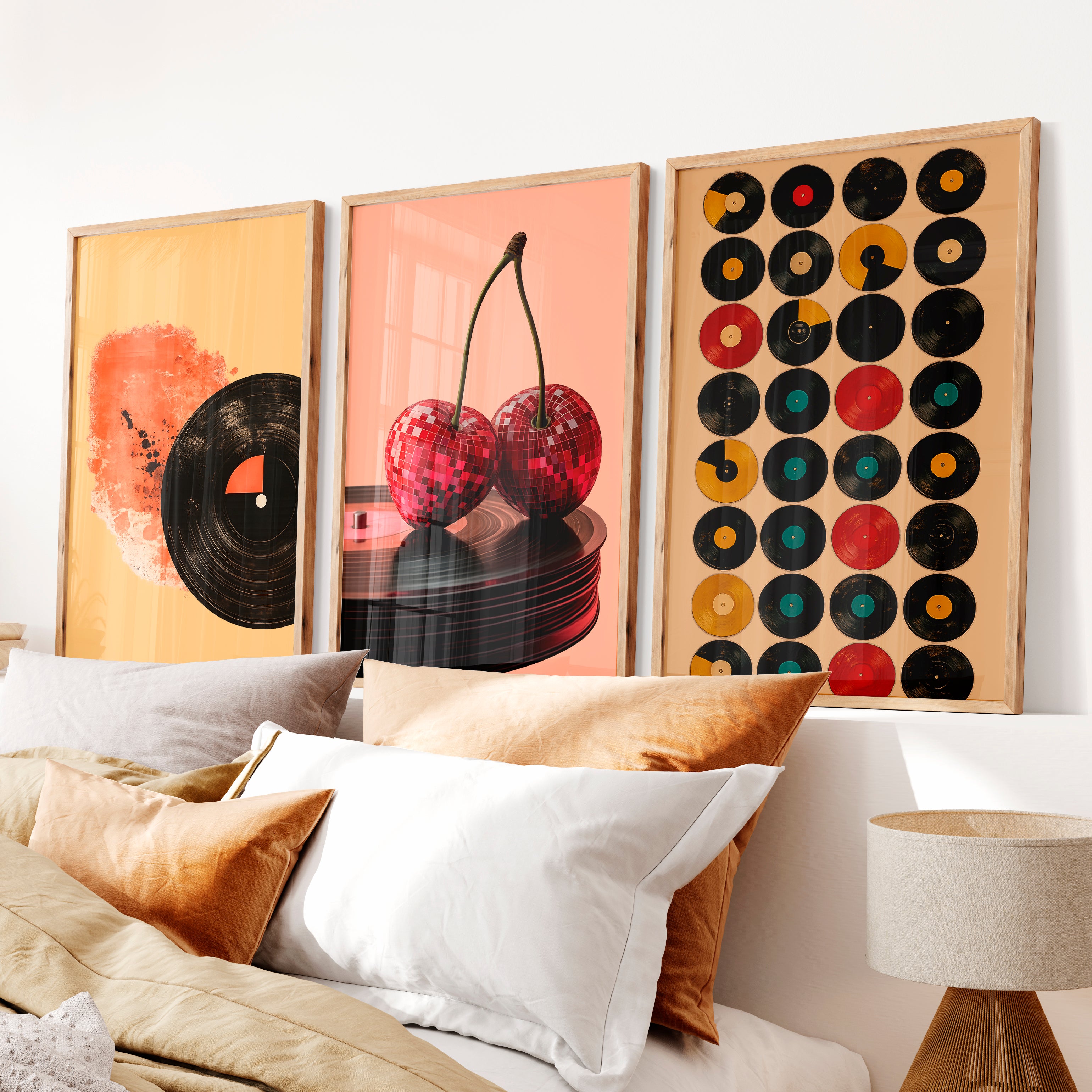 Disco Cherries and Records vintage style wall art - Natural Wood Framed Poster No Border - Artworksets