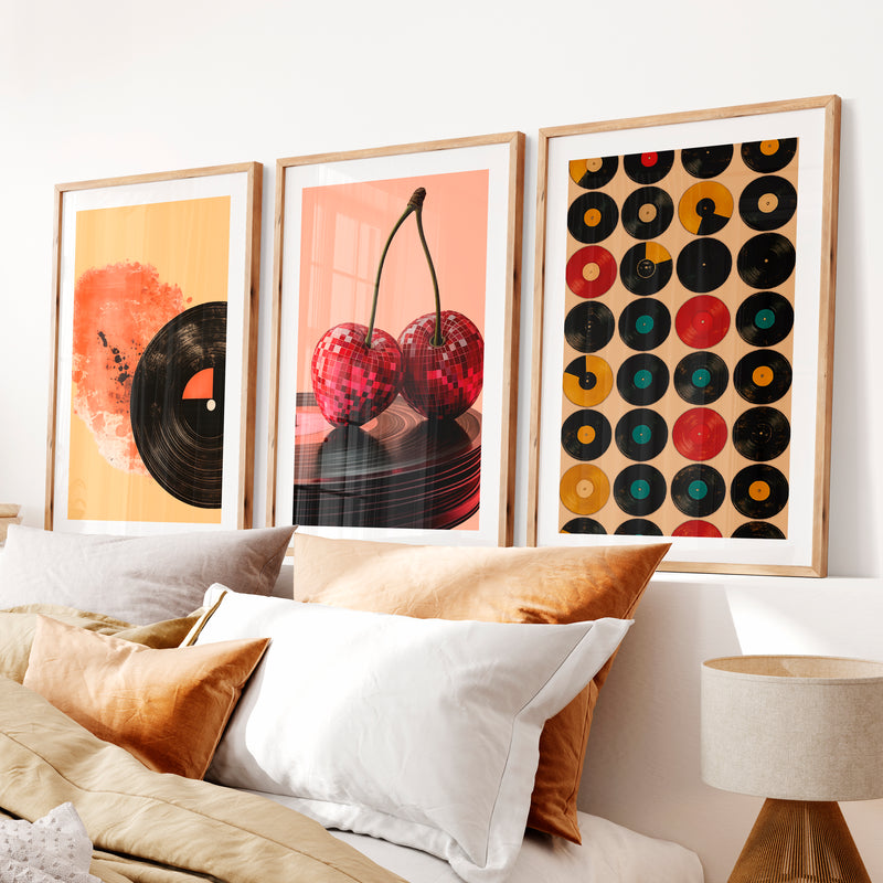 Disco Cherries and Records vintage style wall art- Natural Wood Framed Poster with White Border - Artworksets