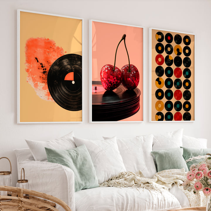 Disco Cherries and Records vintage style wall art - White Framed Poster No Border - Artworksets