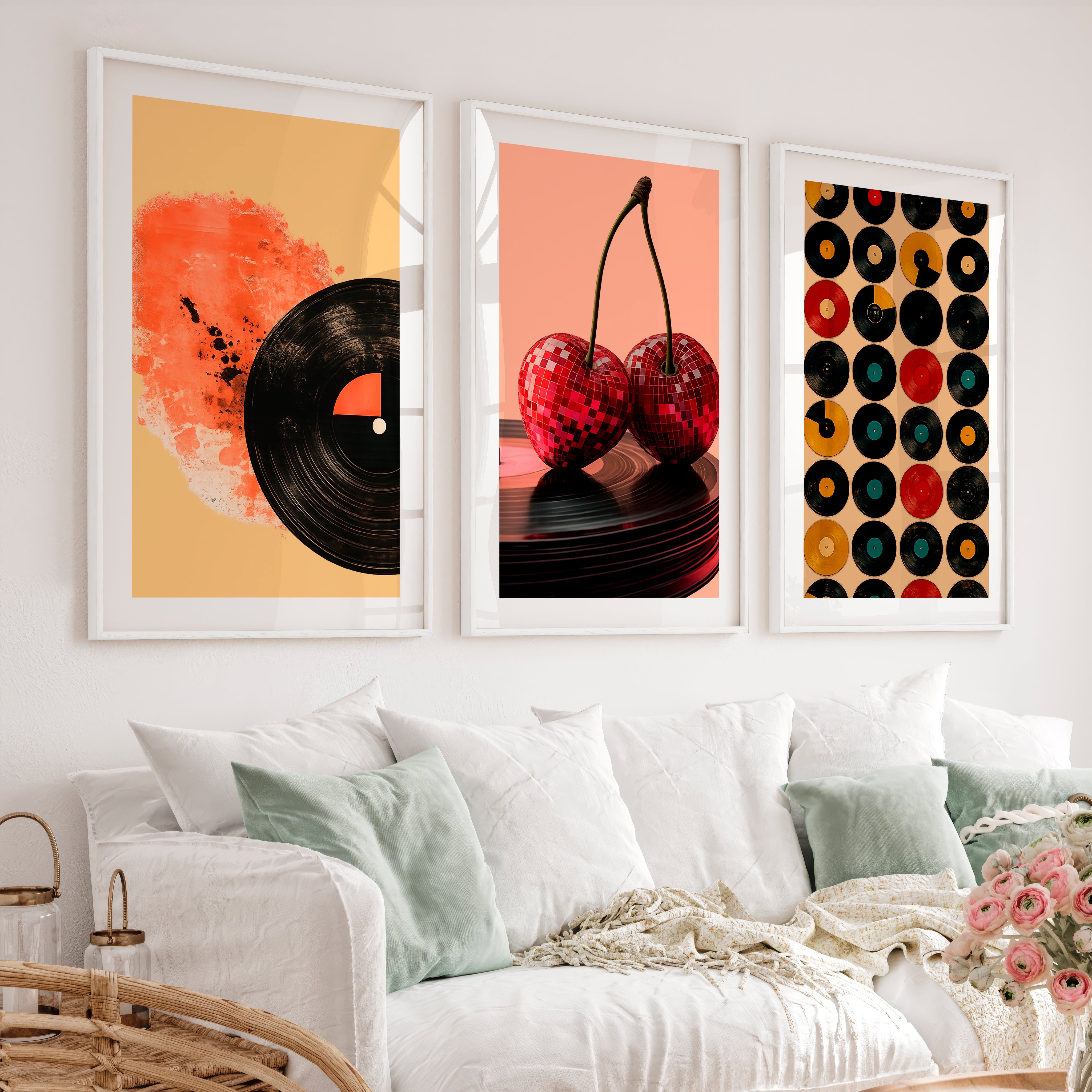 Disco Cherries and Records vintage style wall art - White Framed Poster with White Border - Artworksets