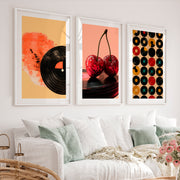 Disco Cherries and Records vintage style wall art - White Framed Poster with White Border - Artworksets