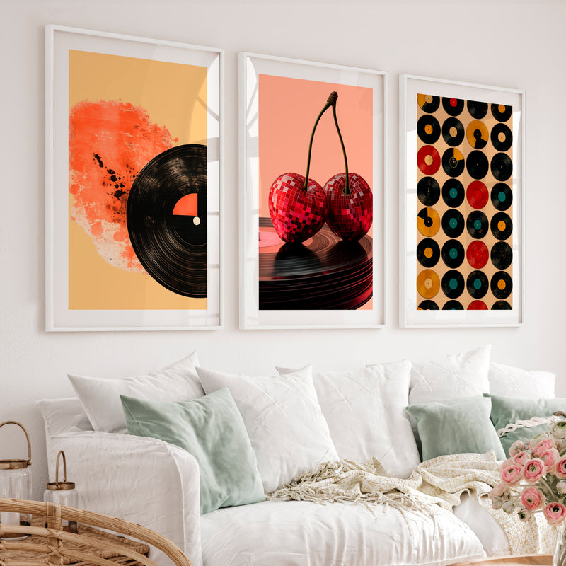 Disco Cherries and Records vintage style wall art - White Framed Poster with White Border - Artworksets