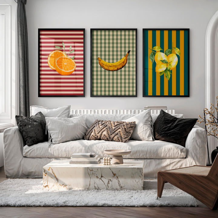 Striped Fruit Panels vintage style wall decor - Black Framed Poster No Border - Artworksets