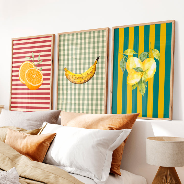 Striped Fruit Panels vintage style wall decor - Natural Wood Framed Poster No Border - Artworksets