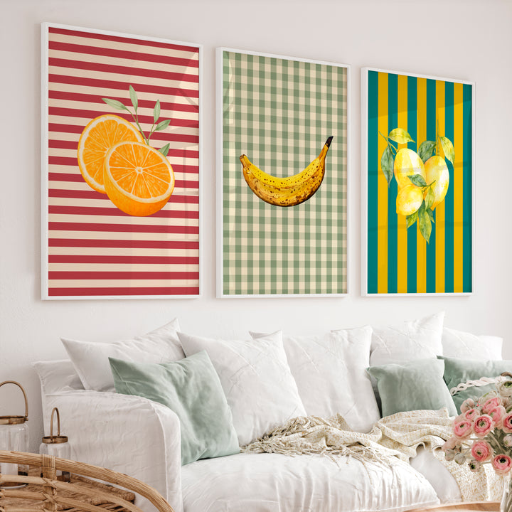 Striped Fruit Panels vintage style wall decor - White Framed Poster No Border - Artworksets