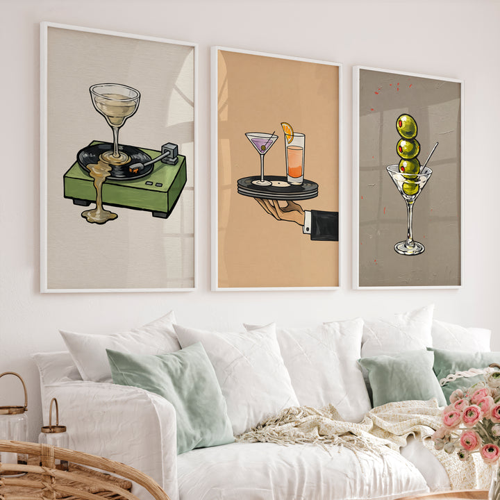 Martini Olive Cocktail vintage wall art decor - White Framed Poster No Border - Artworksets