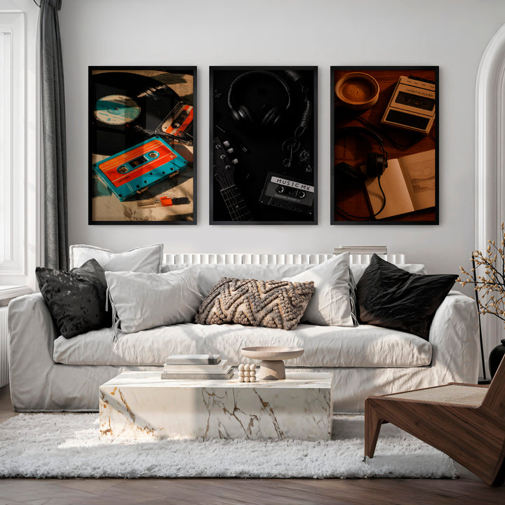 Vintage Wall Art Ideas with Vinyl Records and Cassette Tapes - Black Framed Poster No Border - Artworksets