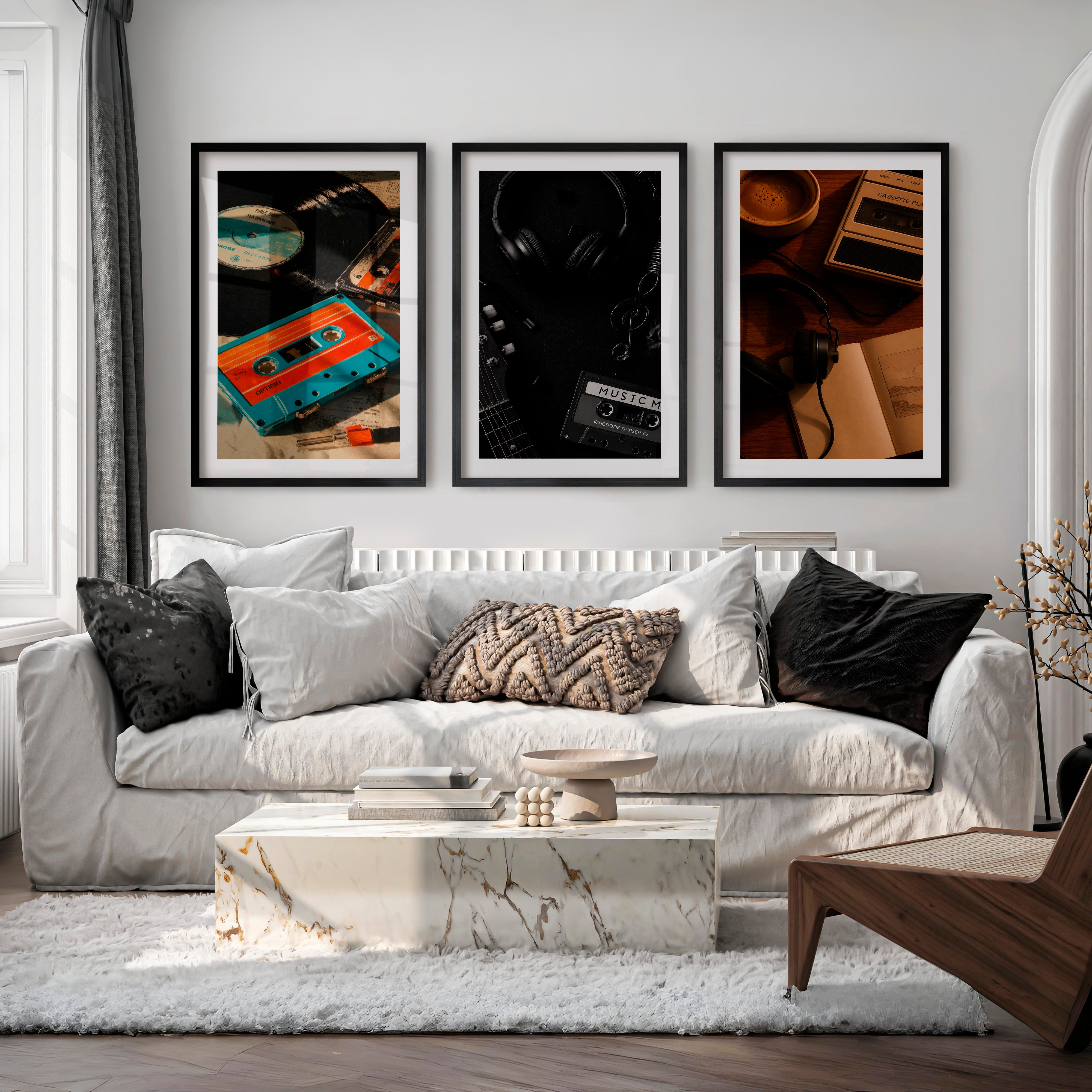 Vintage Wall Art Ideas with Vinyl Records and Cassette Tapes - Black Framed Poster with White Border - Artworksets