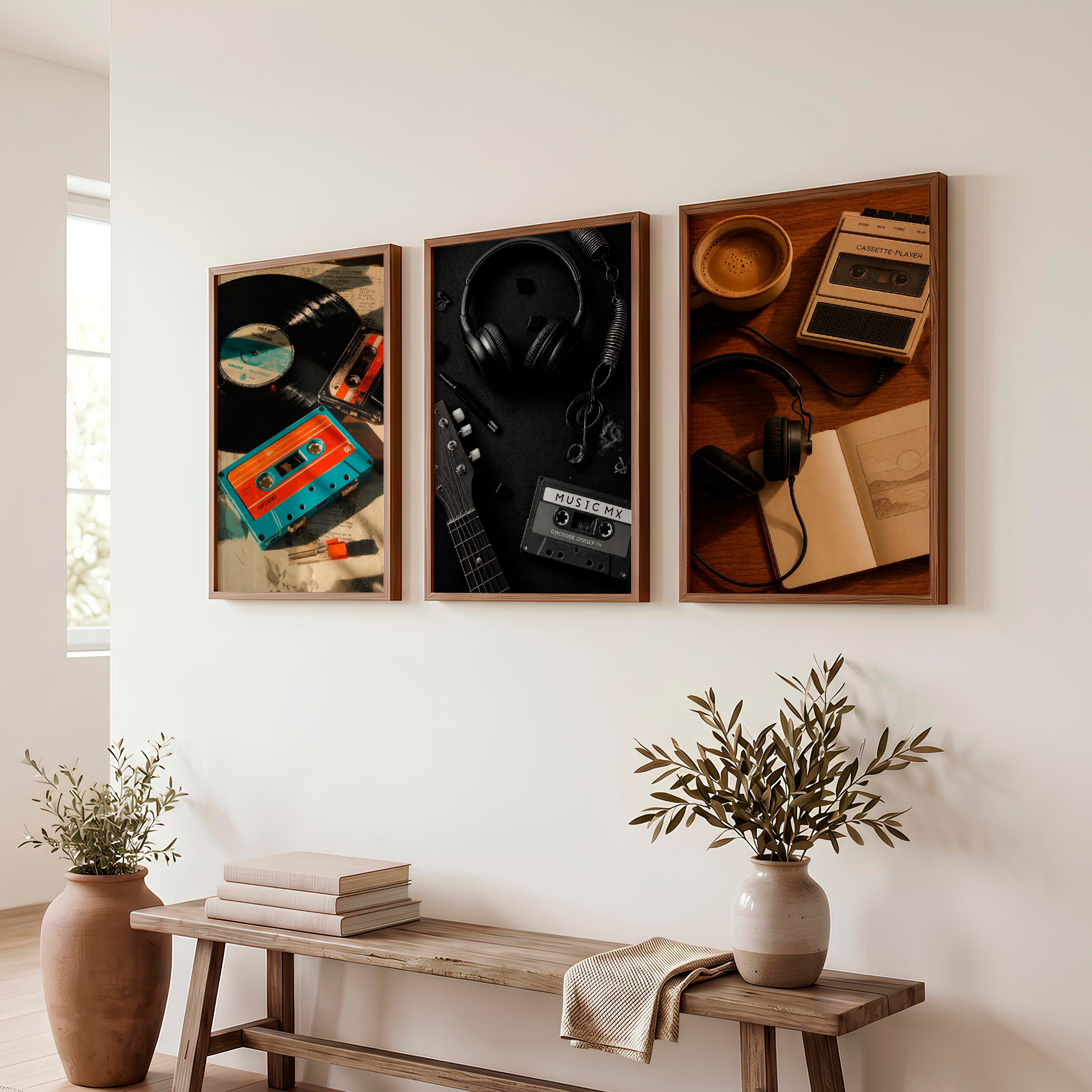 Vintage Wall Art Ideas with Vinyl Records and Cassette Tapes - Dark Brown Framed Poster No Border - Artworksets